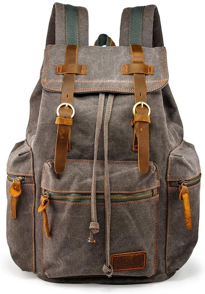 Vintage Canvas Backpack for Men Leather Rucksack Knapsack 15 inch Laptop Tote Satchel School Military Army Shoulder Rucksack Hiking Bag