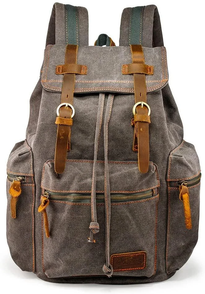Vintage Canvas Backpack for Men Leather Rucksack Knapsack 15 inch Laptop Tote Satchel School Military Army Shoulder Rucksack Hiking Bag