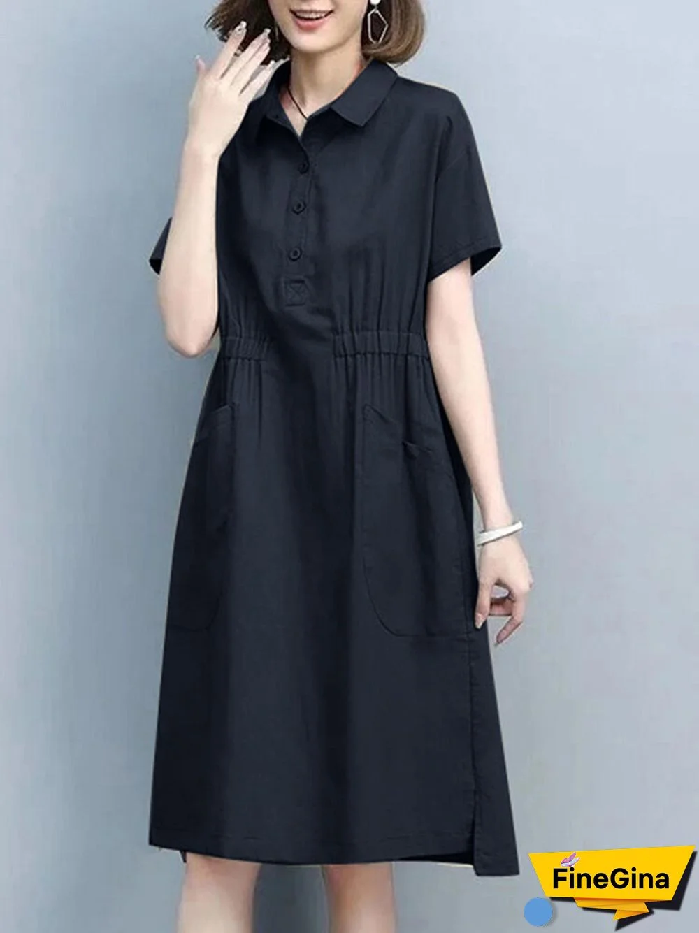 Solid Slit Hem Dual Pocket Lapel Short Sleeve Dress