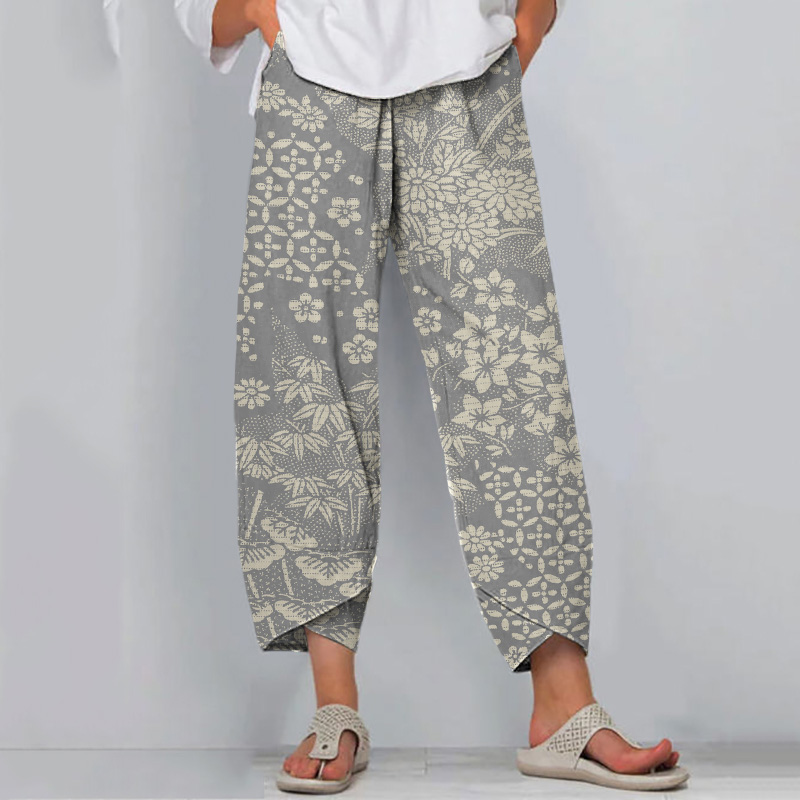 Comstylish Vintage Japanese Art Flower Print Casual Pants