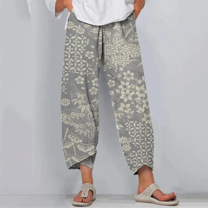 Vintage Japanese Art Flower Print Casual Pants