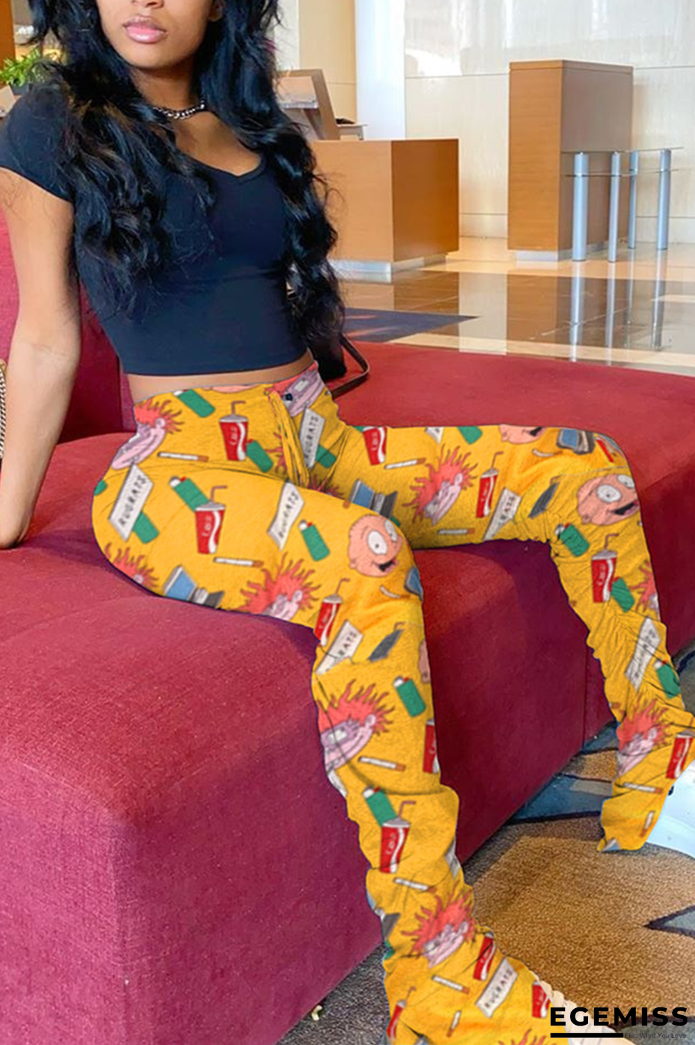 Yellow Fashion Casual Printed Sports Trousers | EGEMISS