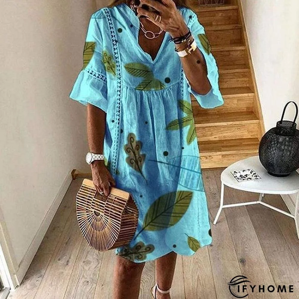 Women Sexy Hollow Out V-neck Mini Dress Floral Print Patchwork Dress Casual Beach Dress | IFYHOME