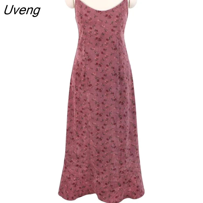 Uveng Korea Feminine Vestidos Women New Year Red Matching Outfits Autumn Fall New Japan Girls Pink Long Cotton Corduroy Dress