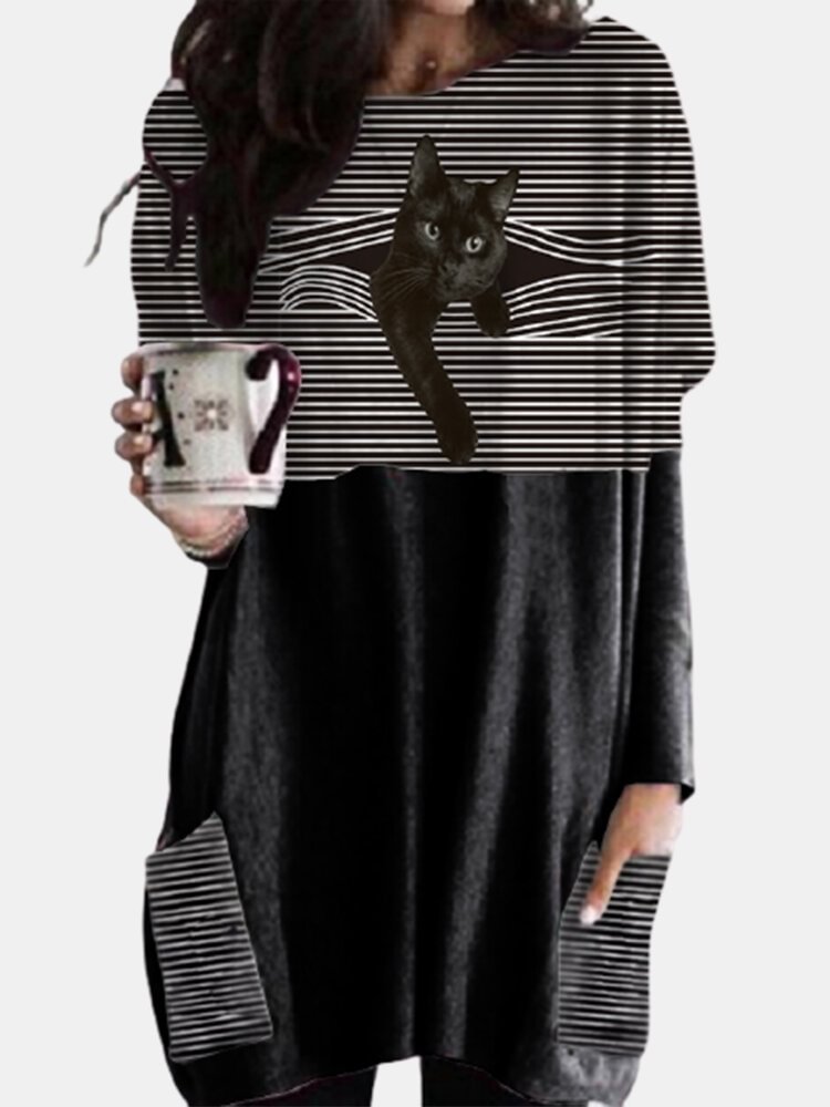 Black Cat Patched Print Long Sleeve O neck White Striped Blouse P1760819