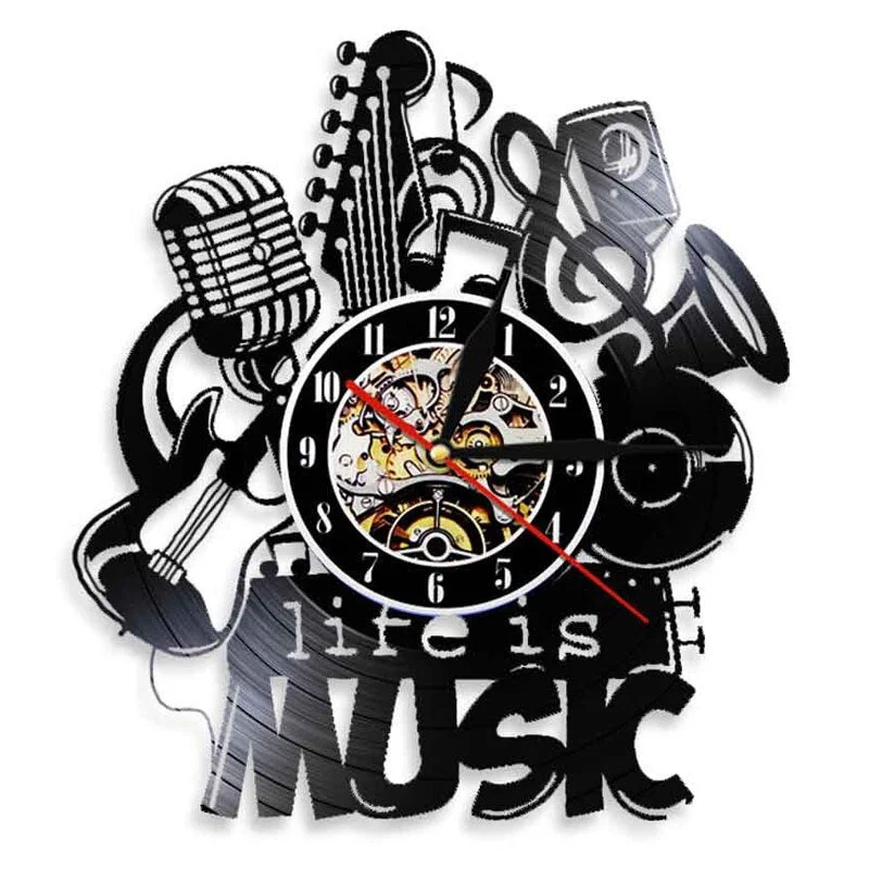 Acoustic Guitar Drum Vinyl Record Wall Clock Rock Music Theme Wall Art Musical Instrument Vinyl Clock Wall Watch Home Decor
