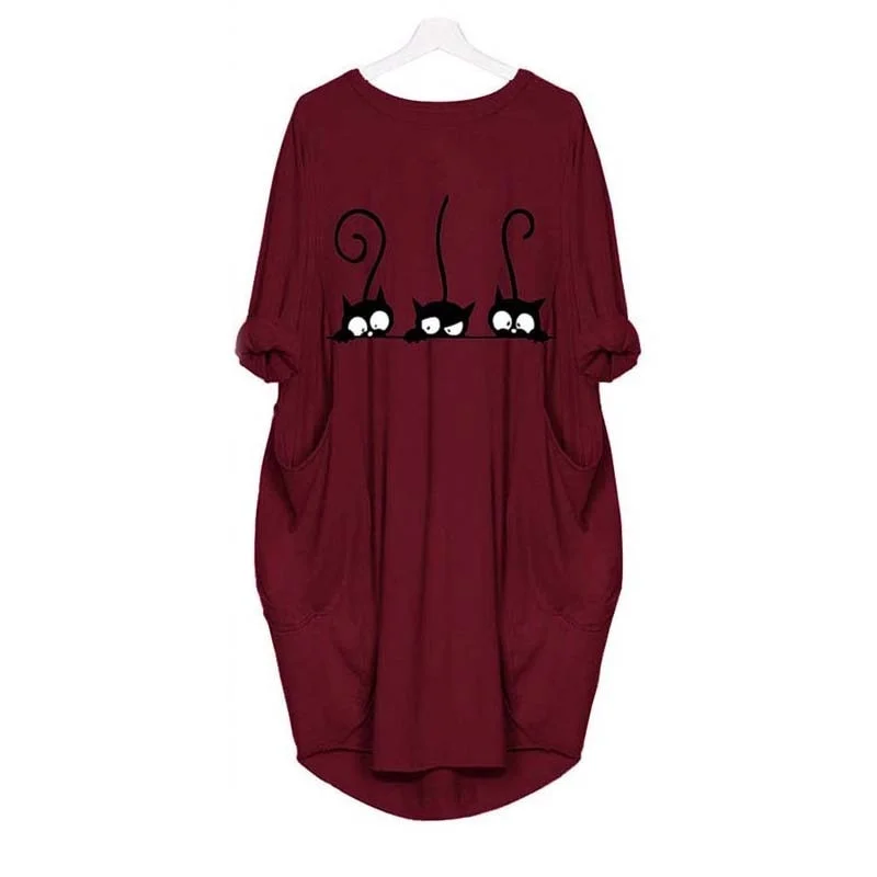 Autumn Dress Women Fashion Cat Print O Neck Long Sleeve Loose Elegant Party Ladies Dresses Plus Size Casual Midi Dress Vestidos