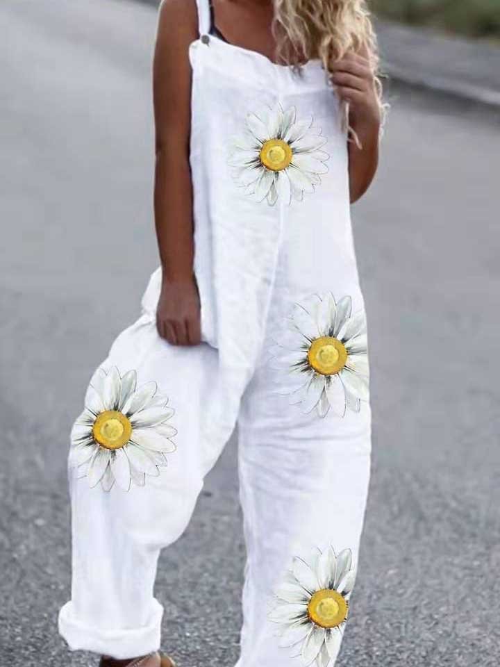 Sunflower print ladies casual jumpsuit