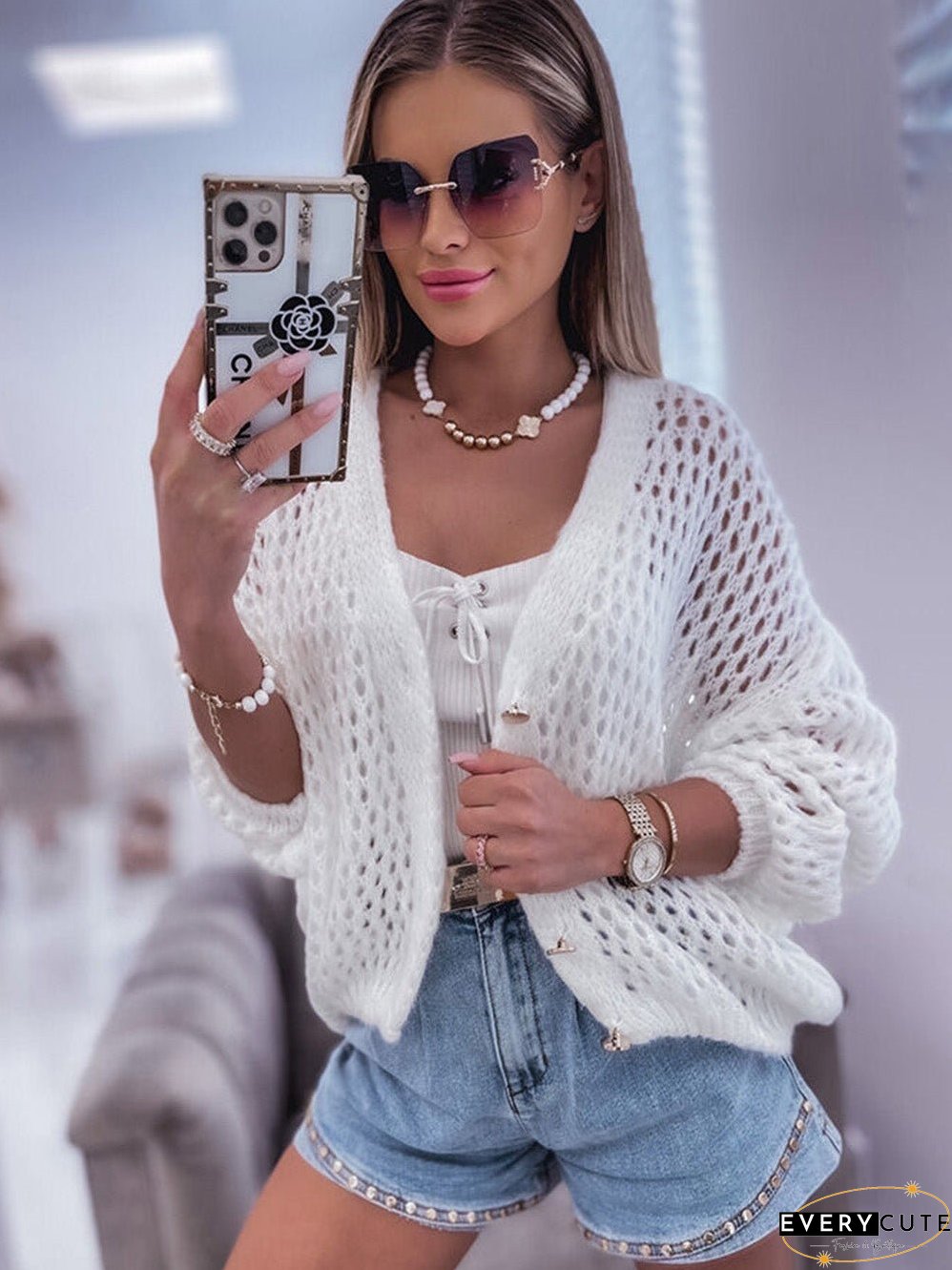 White Crochet Knit V-Neck Button-Up Cardigan