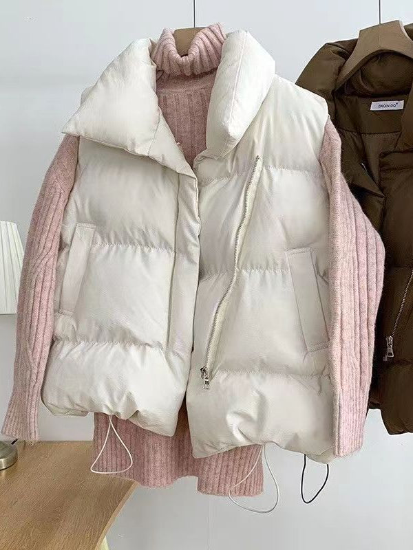 Women Sleeveless Stand-up Collar Solid Color Puffer Vest Coats
