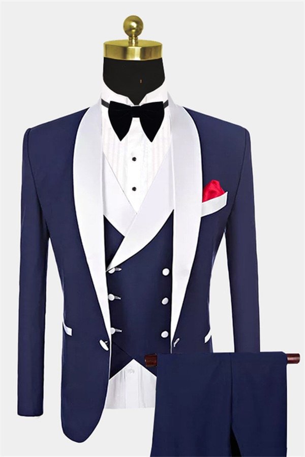 Bellasprom Three PIeces One Button Navy Blue Elegant Short Fit White Shawl Lapel