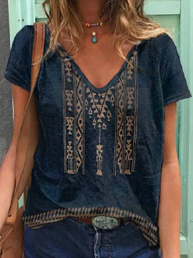 Casual Tribal V Neck Short Sleeve T-Shirt