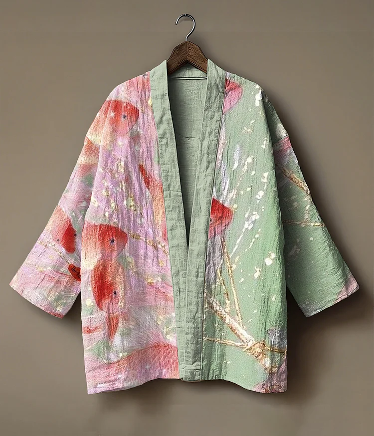 Abstract print embroidered linen cardigan kimono