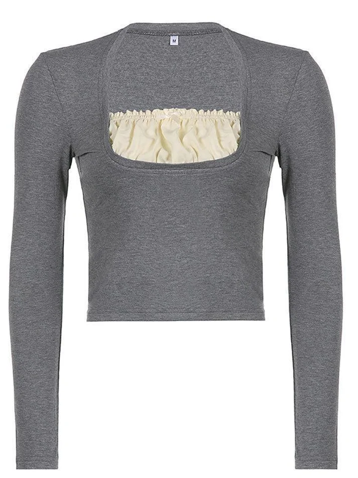 Brownm Square collar Lace Crop Top