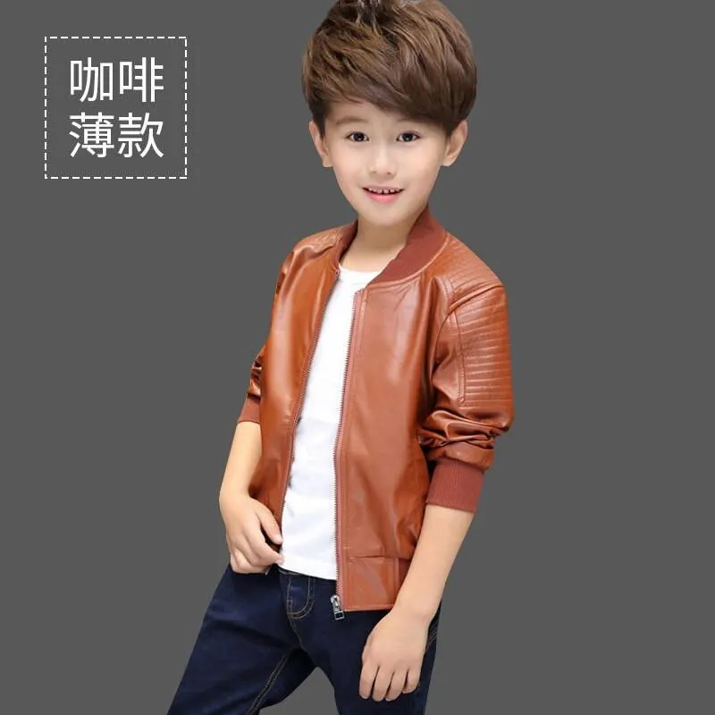 INS hot Baby Boys PU Jackets 1-13 year old Threaded round neck jacket autumn and winter plus velvet thickening all season