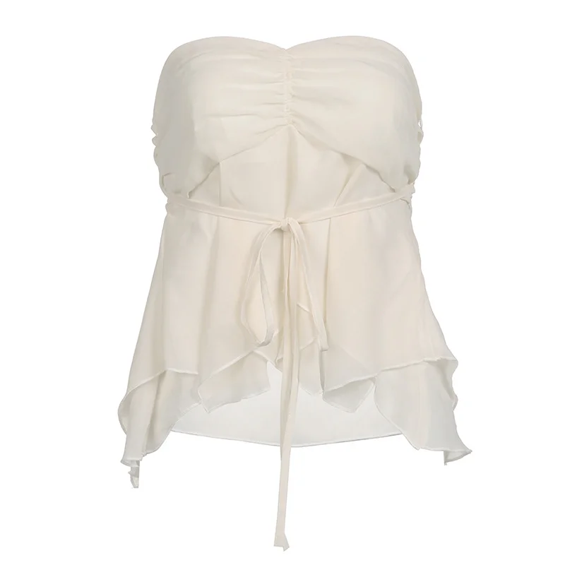 Ueong Color Pleated Sexy Holiday Style Brassiere 2024 Side Invisible Zipper Hem Irregular Vest Girl