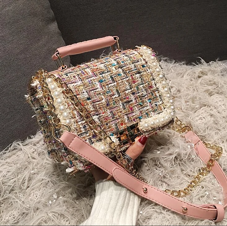 2021 Fashion New Female Square Tote bag Quality Woolen Pearl Women's Designer Handbag Ladies Chain Shoulder Crossbody Bag Travel