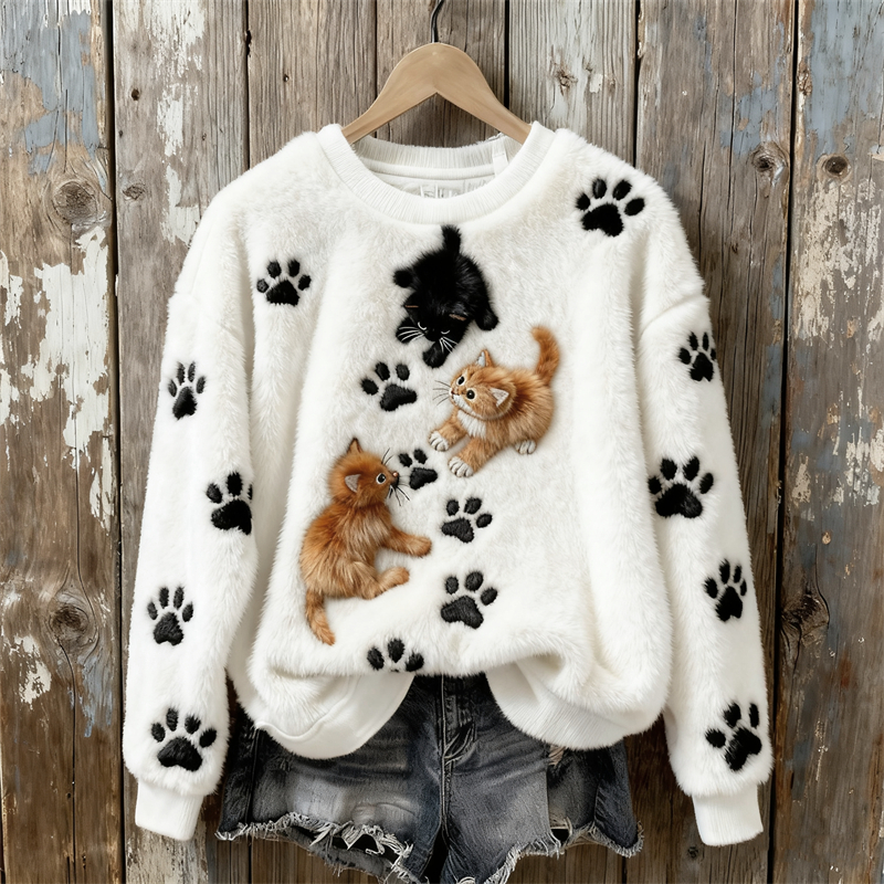 Lovely Cats Paw Prints Embroidered Cozy Plush Sweatshirt elevenforest