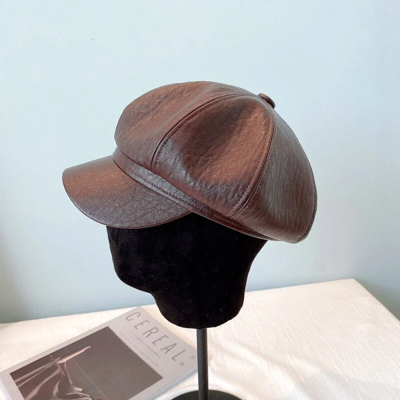 New Pu Octagonal Cap In Autumn And Winter 2020 British Retro Trend Beret Japanese Fashion Women's Leather Hat Woman Hat