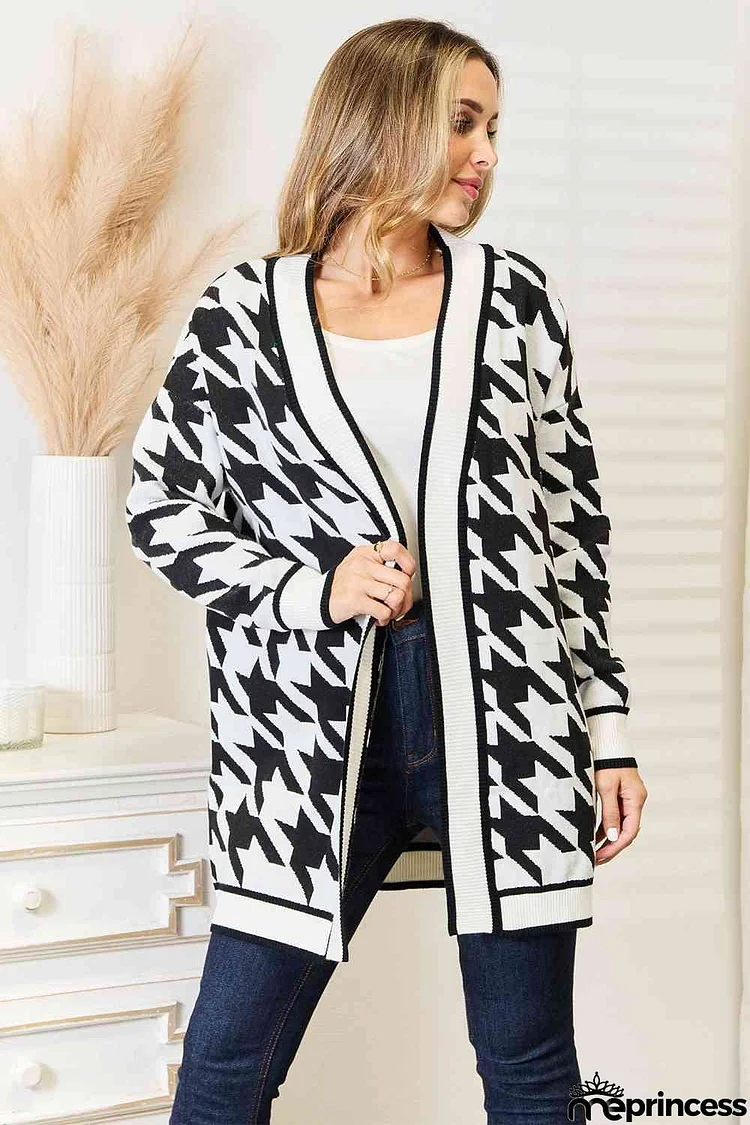 Woven Right Houndstooth Open Front Longline Cardigan