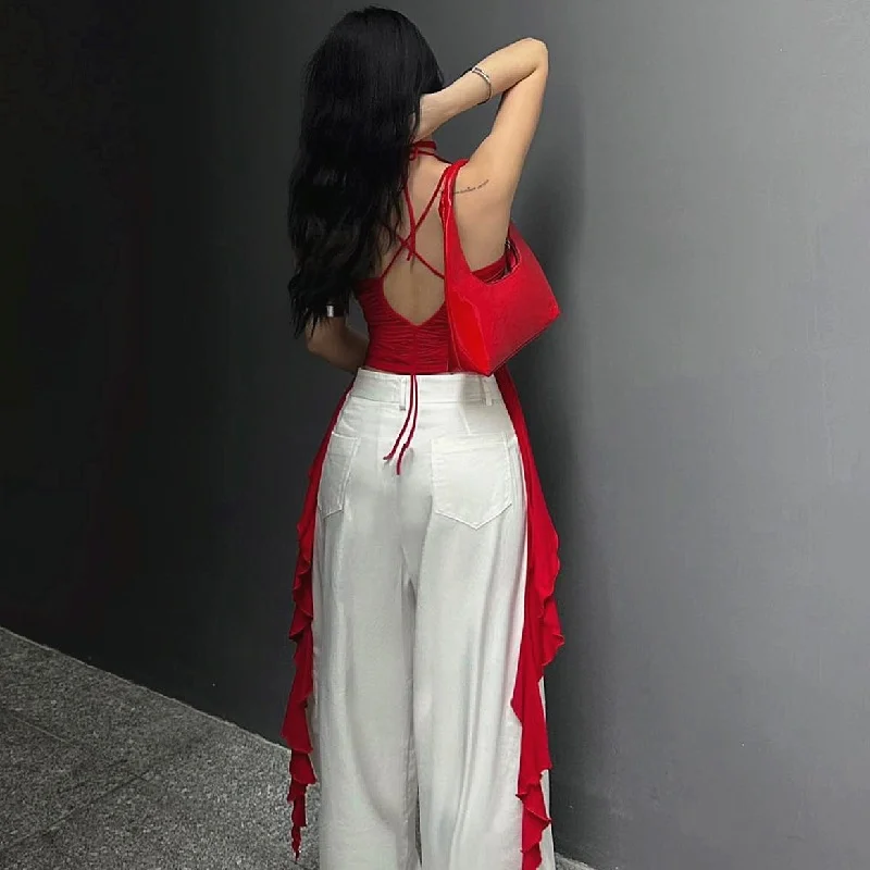 Uveng Uveng Hot Girl Pleated Three-Dimensional Flowers Hanging Neck Slim Vest 2023 Spring / Summer Pure Desire Sleeveless French Temperament Jacket