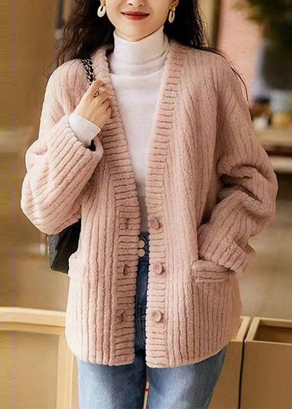 Natural Pink V Neck Pockets Patchwork Wool Coat Winter