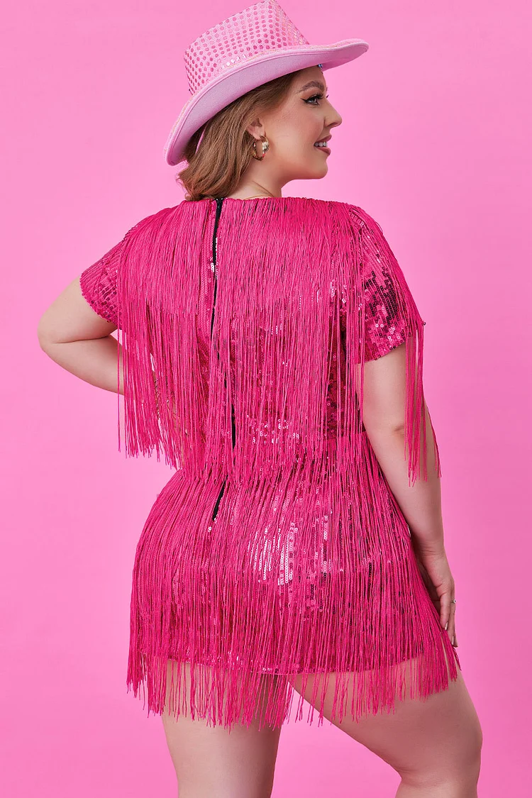 Xpluswear Design Plus Size Hot Pink Party Short Sleeve Fringe Sequin Mini Dress 