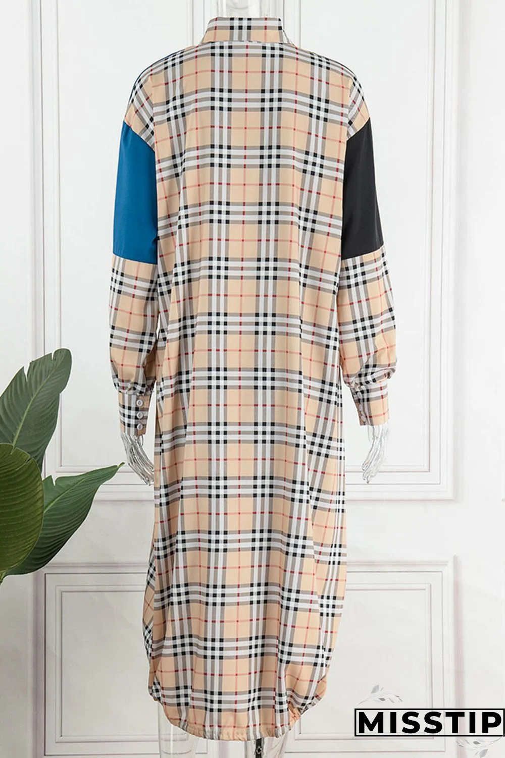 Brown Casual Print Patchwork Draw String Buckle Turndown Collar Shirt Dress Dresses