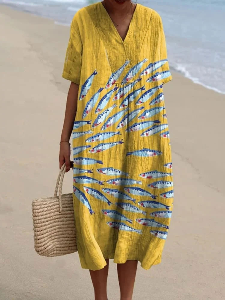 Women's Vintage Lovely Sardines Art Print Flowy Dress