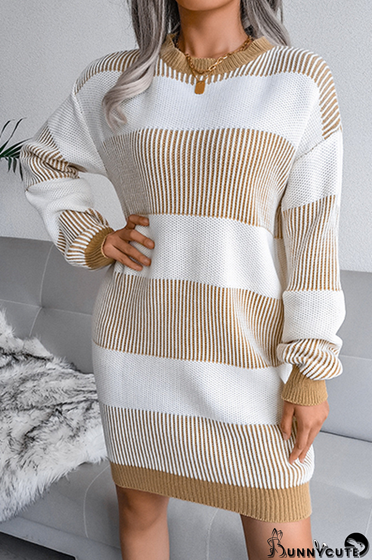 Elegant Striped Split Joint  Contrast O Neck Dresses Sweater  (Without Belt)