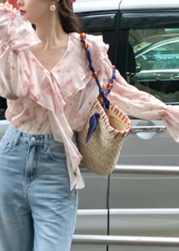 Fashion Pink V Neck Print Chiffon Shirt Long Sleeve