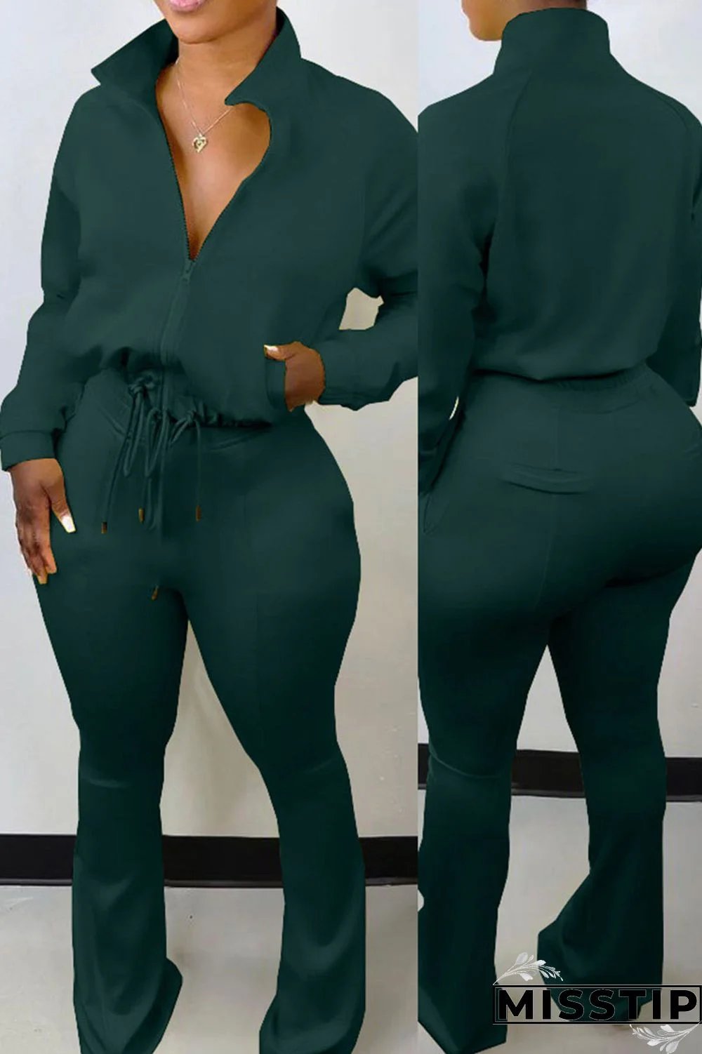 Black Casual Solid Patchwork Draw String Zipper Long Sleeve Two Pieces