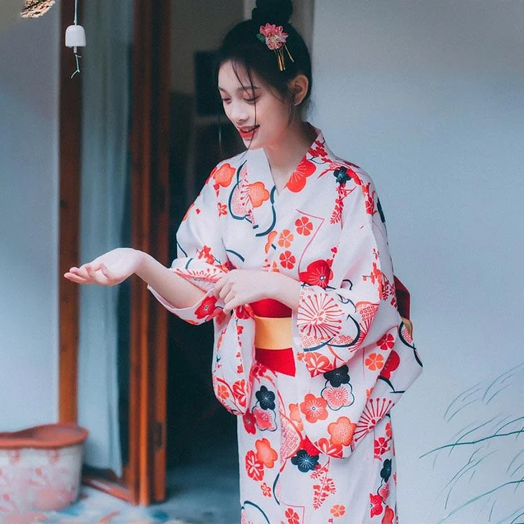 9 Pieces Japanese Cherry Blossoms Print Kimono Set - Modakawa Modakawa