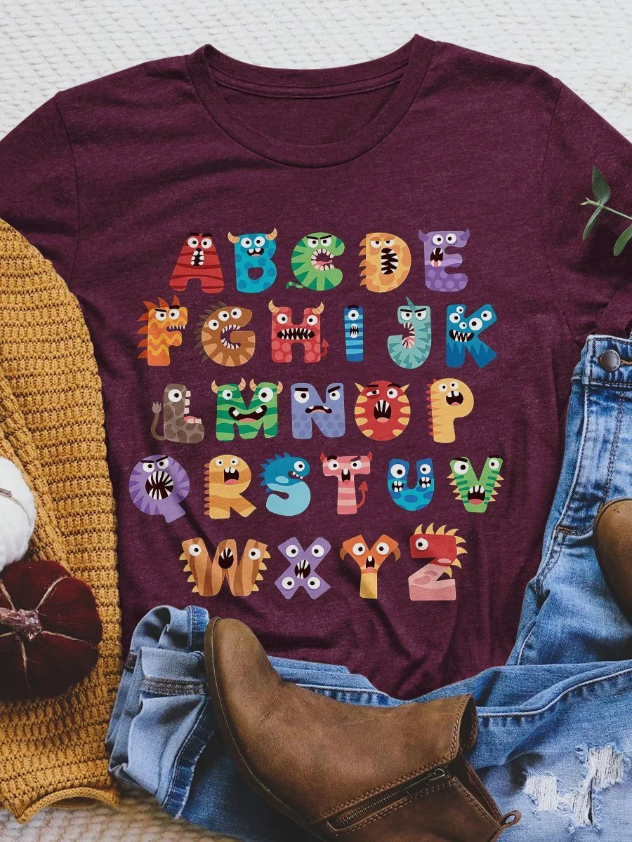 Cute Halloween Monster Alphabet School Print Short Sleeve T-shirt