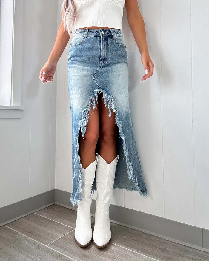 Women's High Waist Gradient Denim Midi Skirt