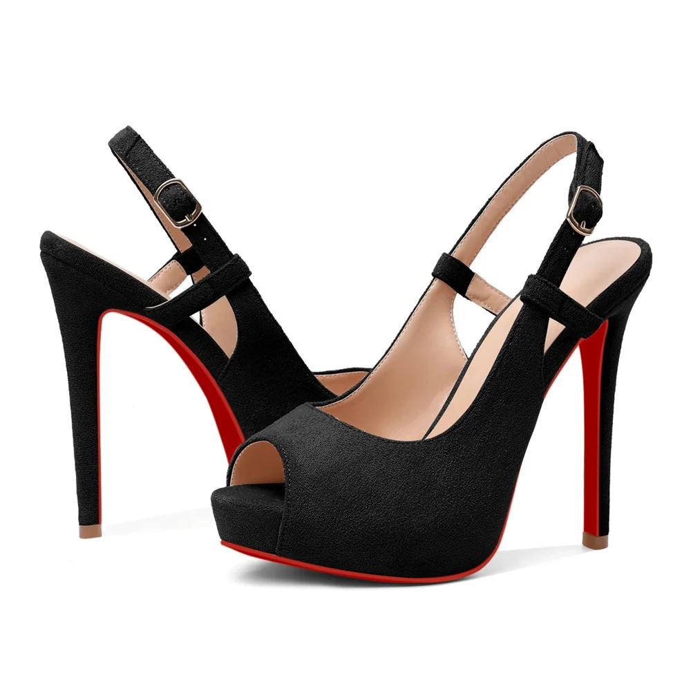 120mm Red Bottom Slingback Sandals Peep Toe Platform Stilettos Black Suede Heels-MERUMOTE