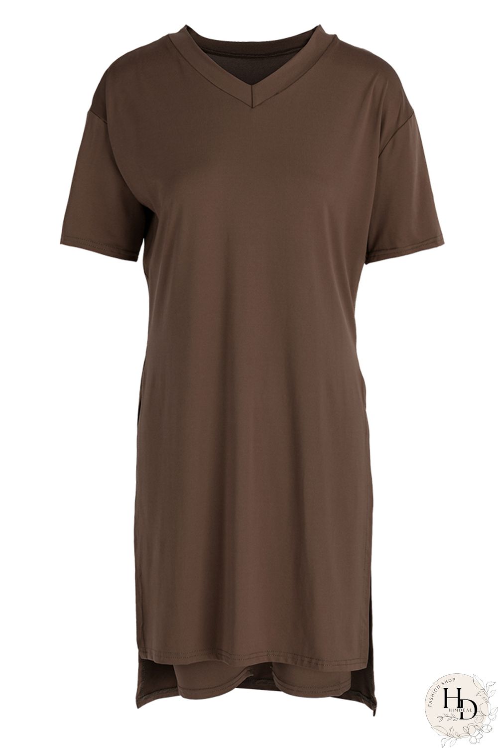Coffee Fashion Casual Solid Slit V Neck Short Sleeve Two Pieces