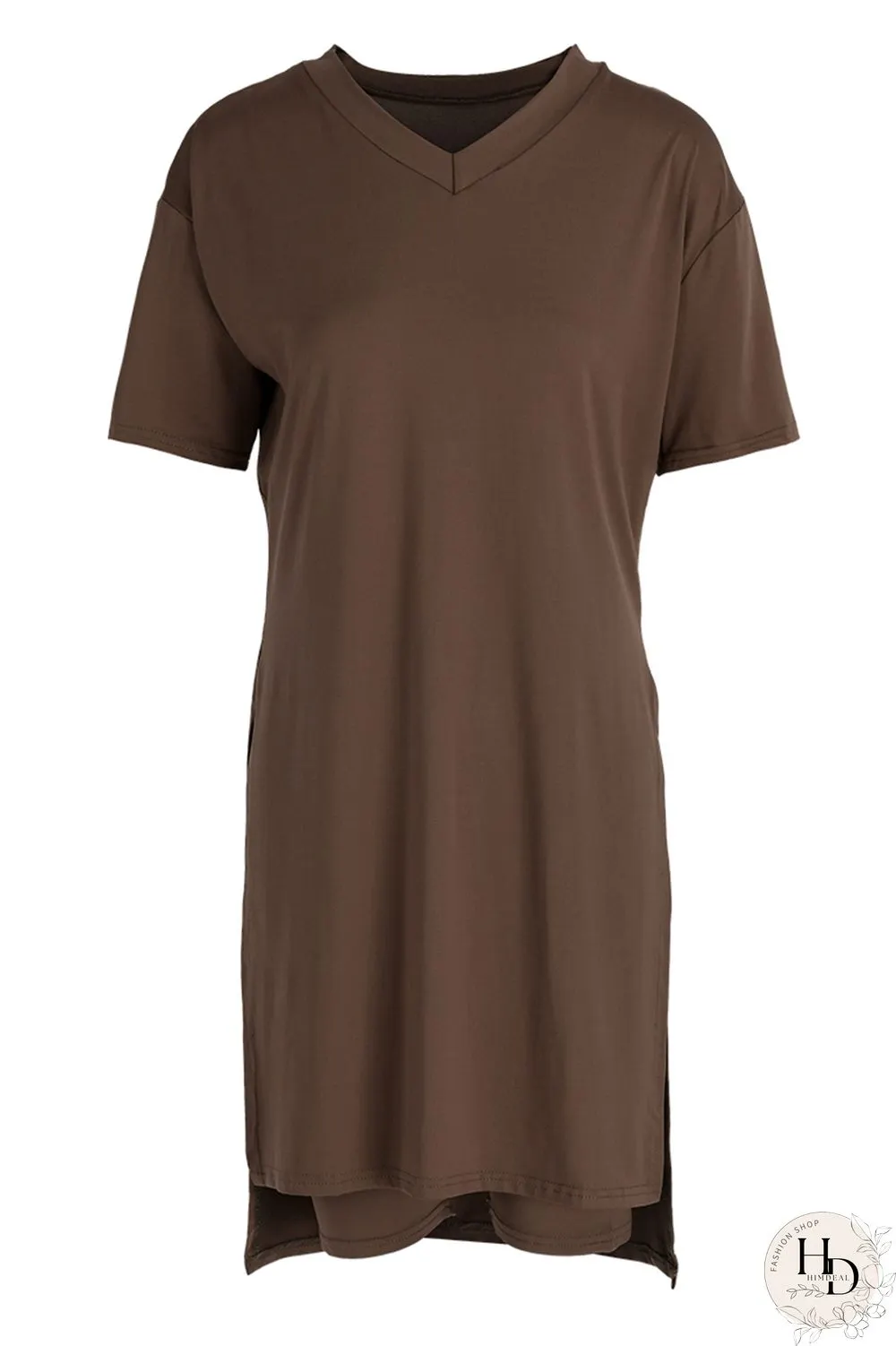 Coffee Fashion Casual Solid Slit V Neck Short Sleeve Two Pieces