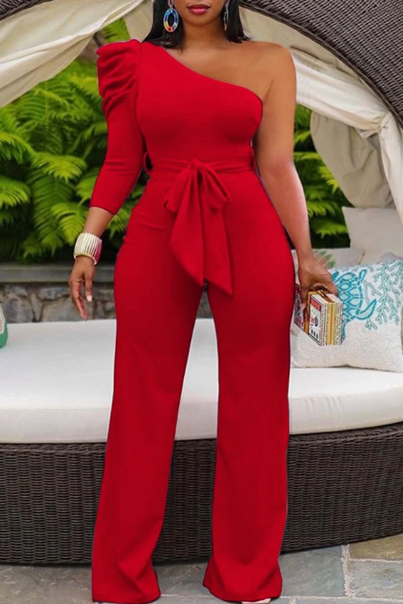 Red Casual Solid Bandage Patchwork Fold Oblique Collar Straight Jumpsuits | EGEMISS