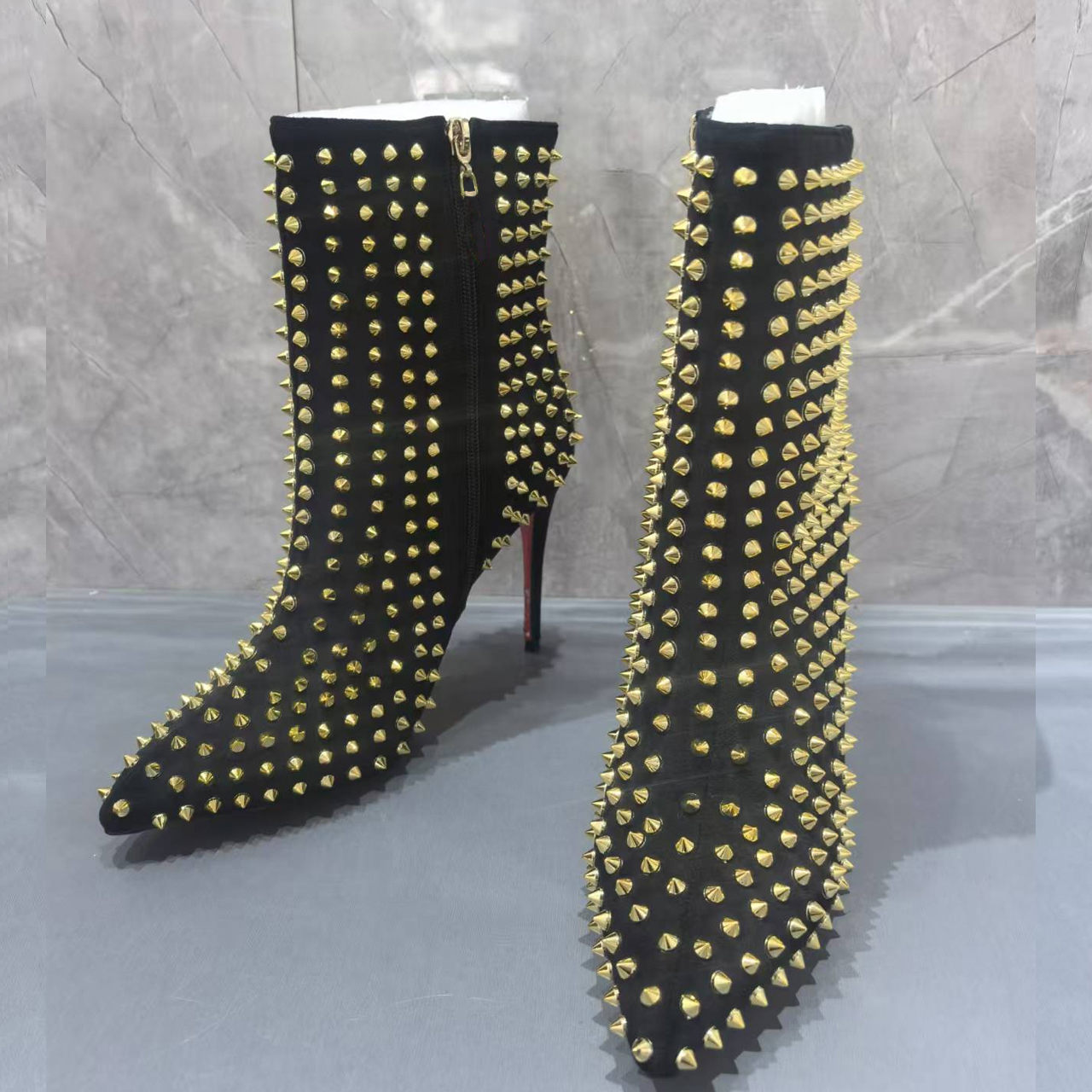 3.94" /4.72" Women's Ankle Boots Red Bottom Shoes Rivet  Closed Pointed Toe Stilettos Booties-MERUMOTE