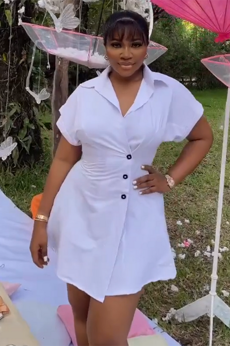 Lapel Collar Short Sleeve Button Down A-Line Mini Dresses-White [Pre Order]