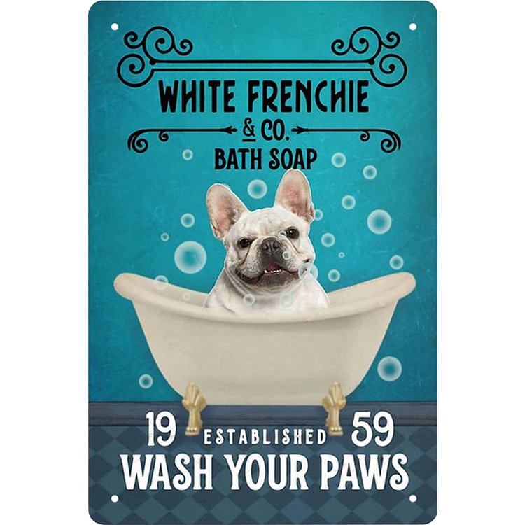 White Frenchie Bath Soap - Vintage Tin Signs/Wooden Signs - 7.9x11.8in & 11.8x15.7in