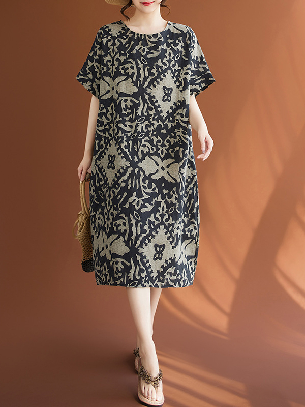 Intricate Print Short Sleeve Round Neck Loose Midi Dress