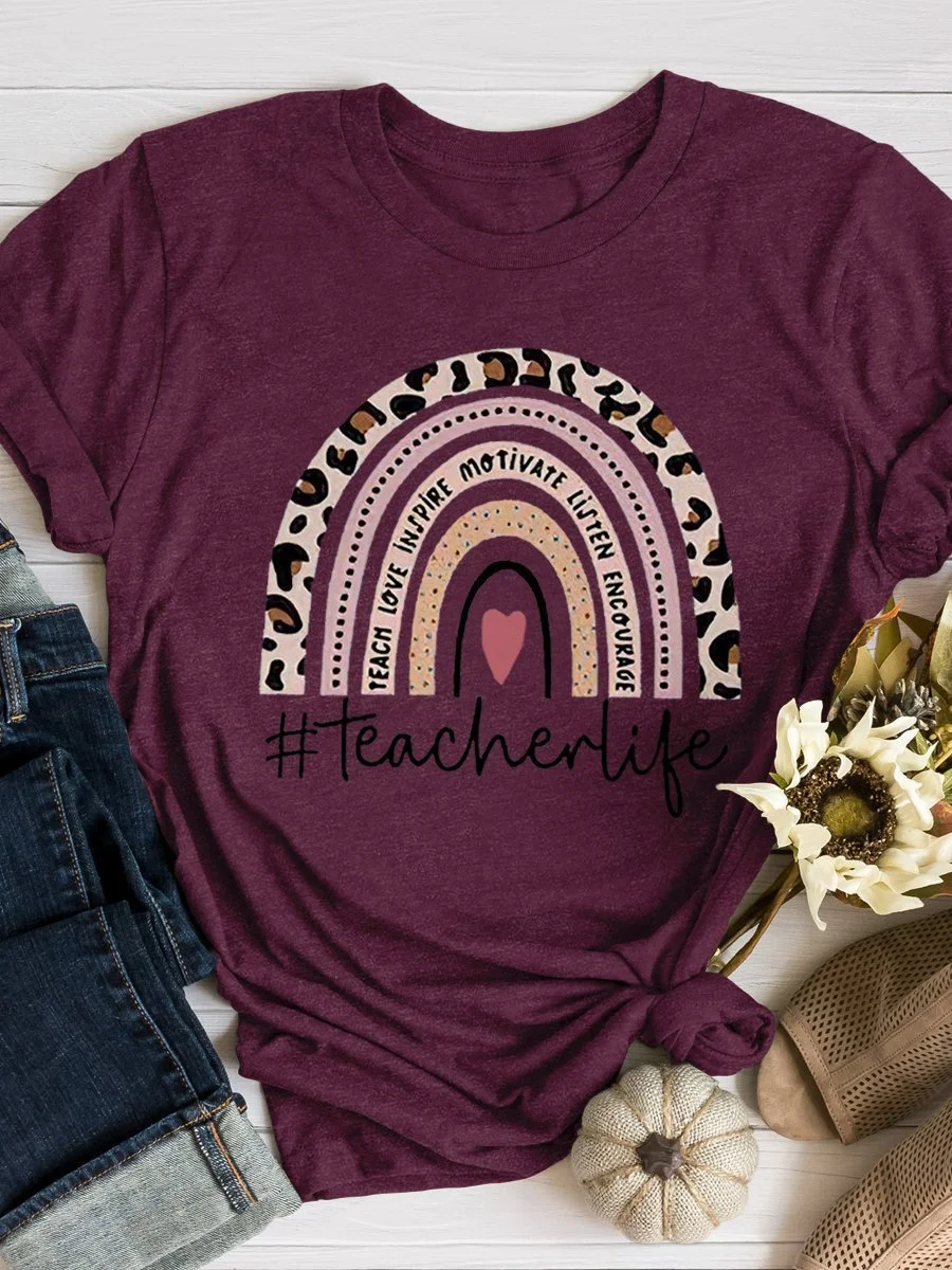Rainbow Teacher Life Print Short Sleeve T-shirt