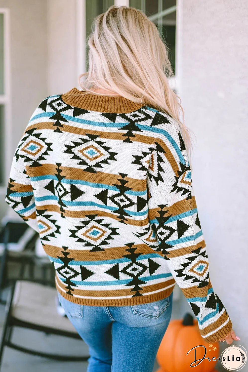 Full Size Geometric Round Neck Long Sleeve Sweater