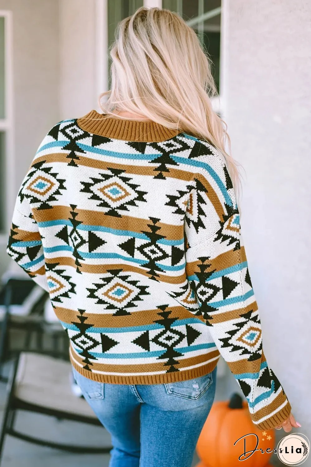 Full Size Geometric Round Neck Long Sleeve Sweater