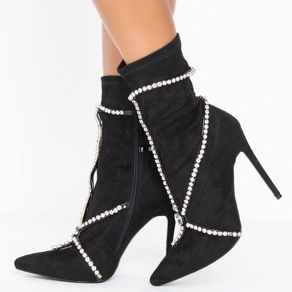 Black Vegan Suede Pointed Toe Rhinestone Stiletto Heel Ankle Boots Nicepairs