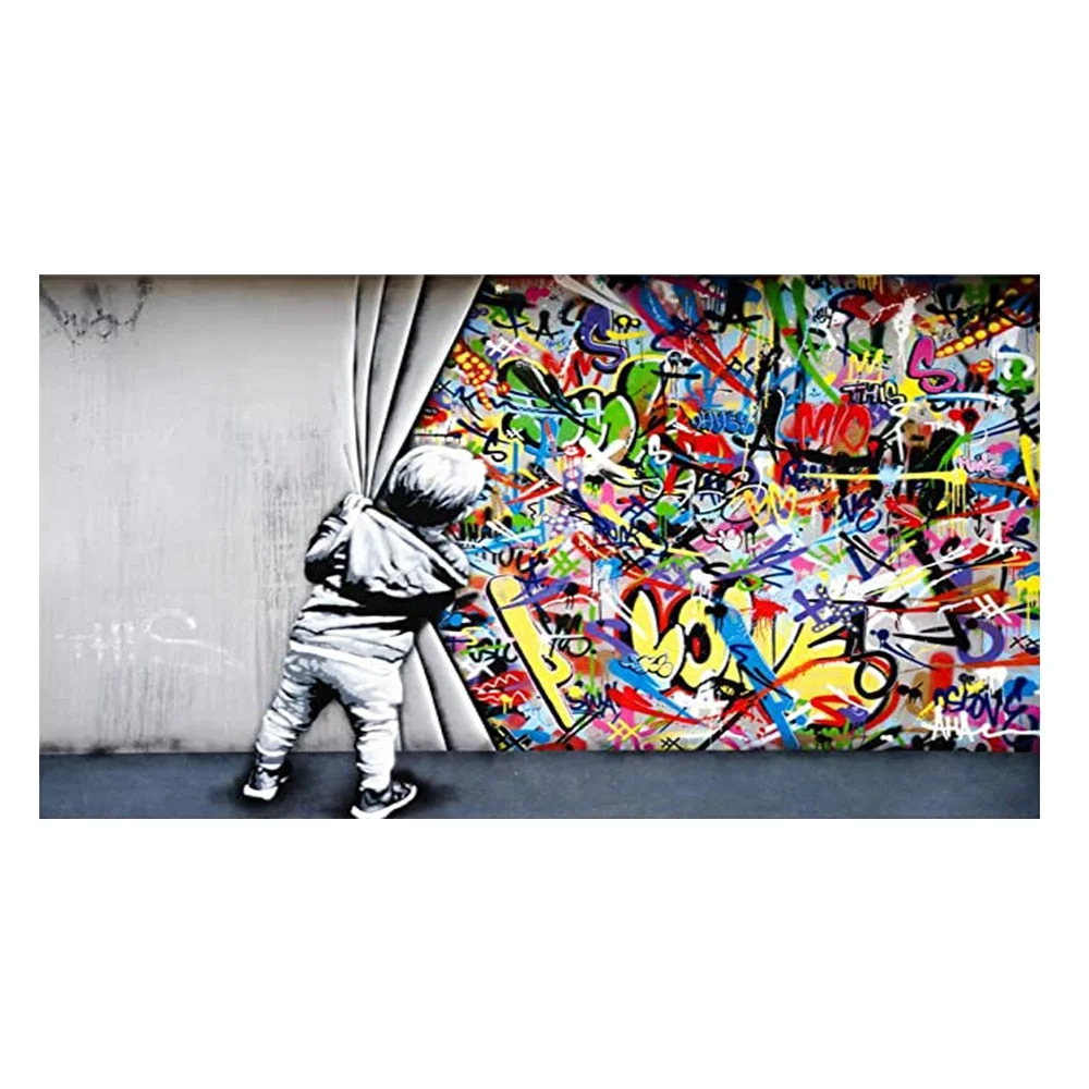Street Art Banksy Graffiti Wall Art Behind The Curtain Canvas Paintings Cuadros Wall Art Pictures for Home Decor (No Frame)