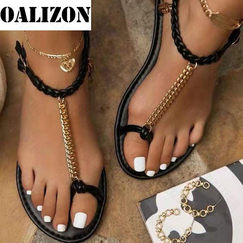 Women Shoes New 2021 Fashion Outdoor Beach Open Toe Slides Buckle Strap Sandals Casual Weave Chain Shallow Slippers Flats Shoes