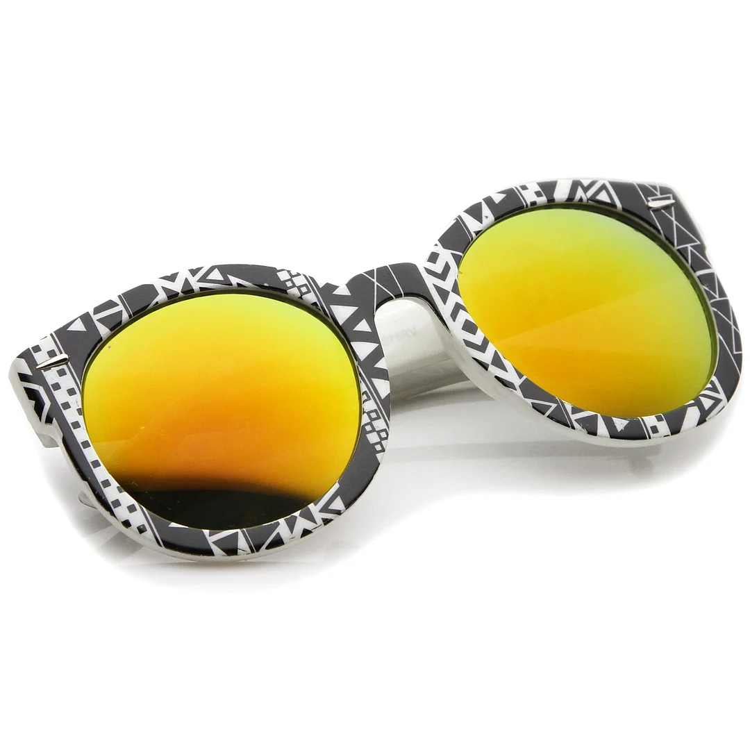 Women 's Oversize Printed Colored Mirror Lens P3 Round glasses 52mm